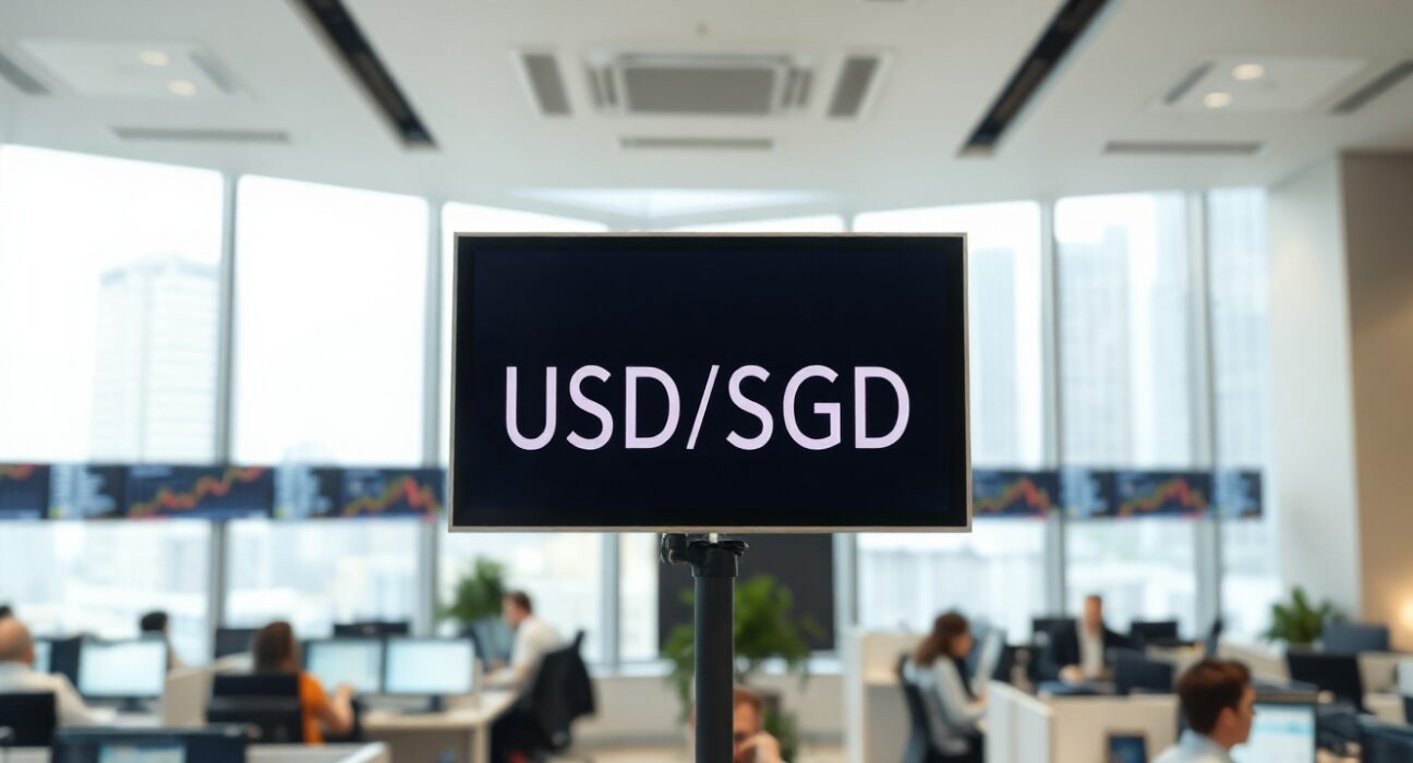 Digital screen showing USD/SGD exchange rate on a trading floor in Singapore.