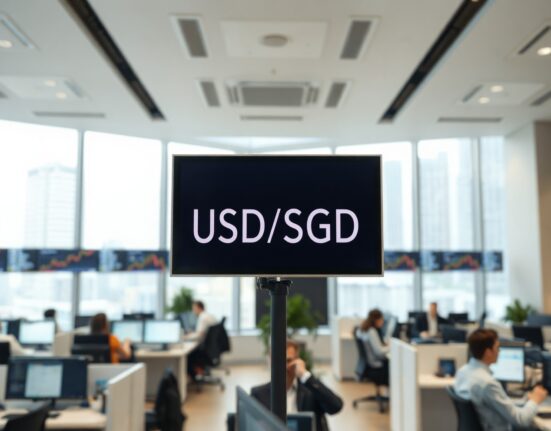 Digital screen showing USD/SGD exchange rate on a trading floor in Singapore.