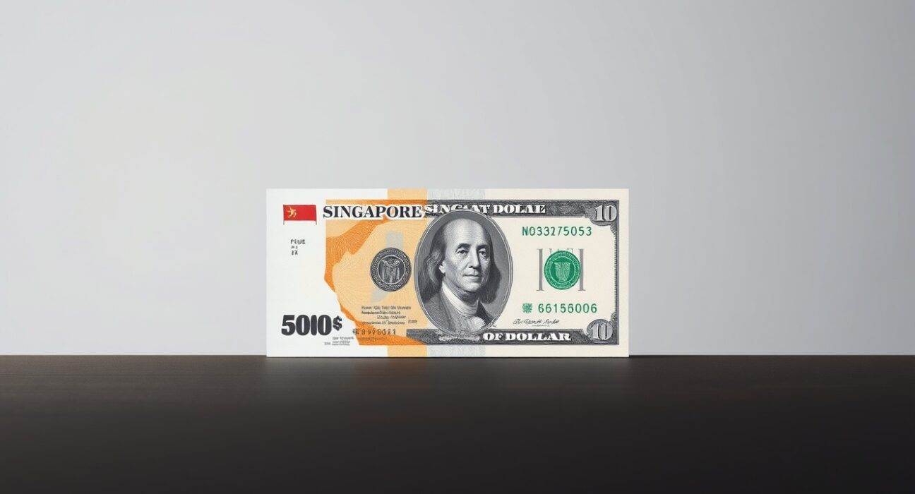 Singapore Dollar and US Dollar banknotes on a dark surface representing forex consolidation