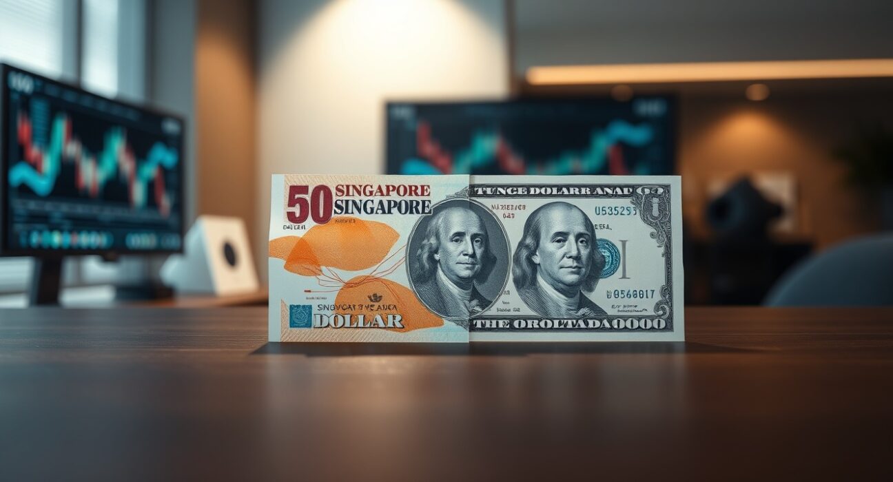 Singapore dollar and US dollar banknotes on a desk with a financial chart in the background