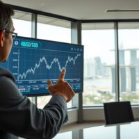 Financial analyst pointing at USD/SGD chart showing sideways trend in Singapore office