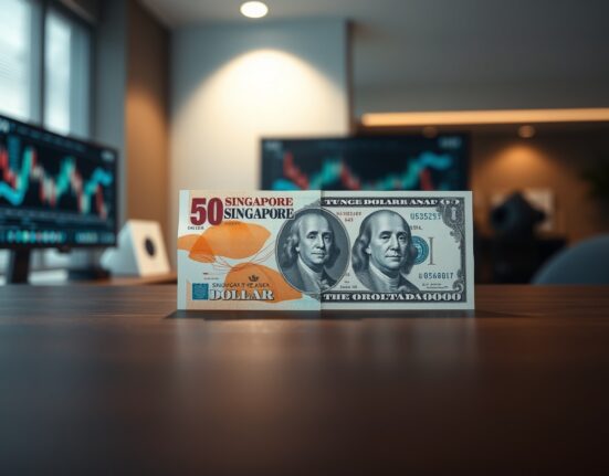 Singapore dollar and US dollar banknotes on a desk with a financial chart in the background