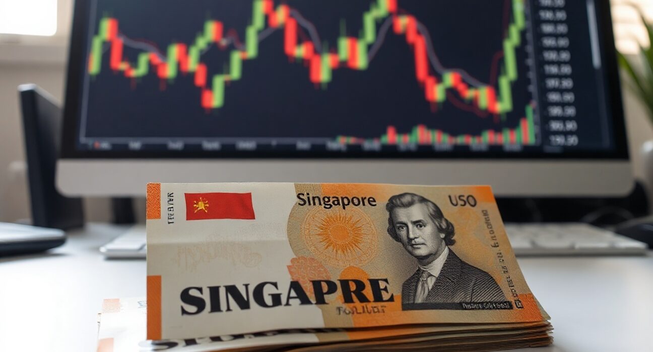 Singapore dollar and US dollar banknotes on a financial desk with a forex chart in the background