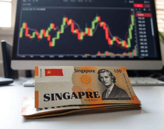 Singapore dollar and US dollar banknotes on a financial desk with a forex chart in the background