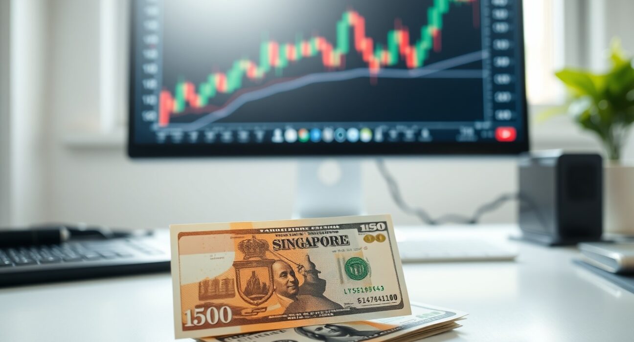 Singapore dollar and US dollar banknotes on a desk with a forex chart in the background