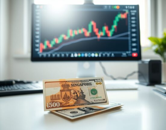 Singapore dollar and US dollar banknotes on a desk with a forex chart in the background