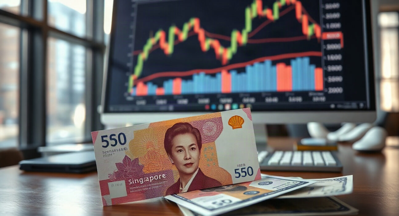 Singapore dollar banknotes and US dollar bills on a trading desk with a USD/SGD chart on a monitor