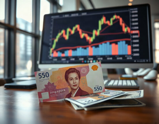 Singapore dollar banknotes and US dollar bills on a trading desk with a USD/SGD chart on a monitor