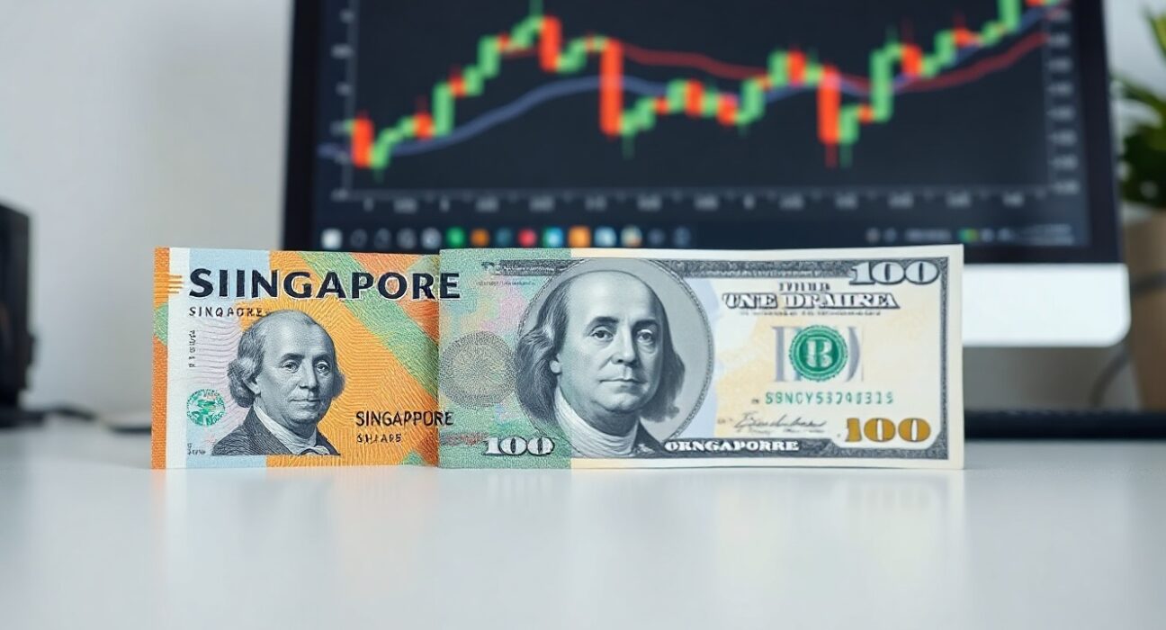 Singapore dollar and US dollar banknotes on a desk with a forex chart in the background.