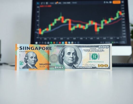 Singapore dollar and US dollar banknotes on a desk with a forex chart in the background.