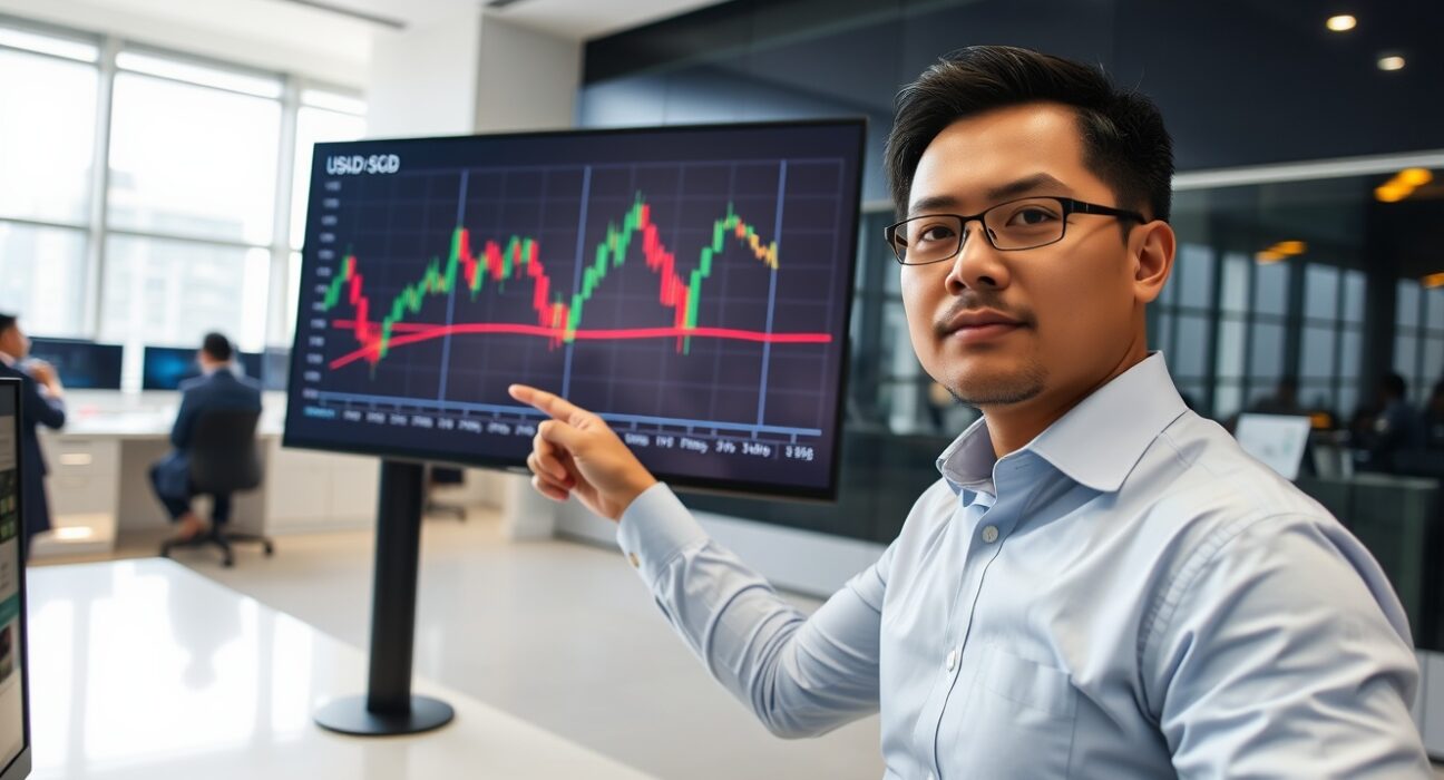 Financial analyst analyzing USD/SGD range trade chart in Singapore office