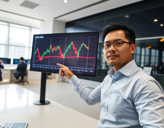 Financial analyst analyzing USD/SGD range trade chart in Singapore office
