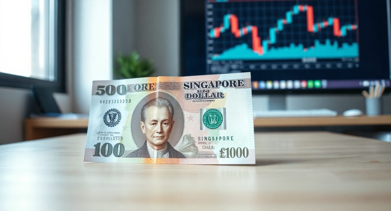 Singapore dollar and US dollar banknotes on a desk with a forex chart in background
