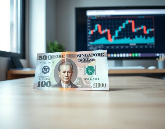 Singapore dollar and US dollar banknotes on a desk with a forex chart in background