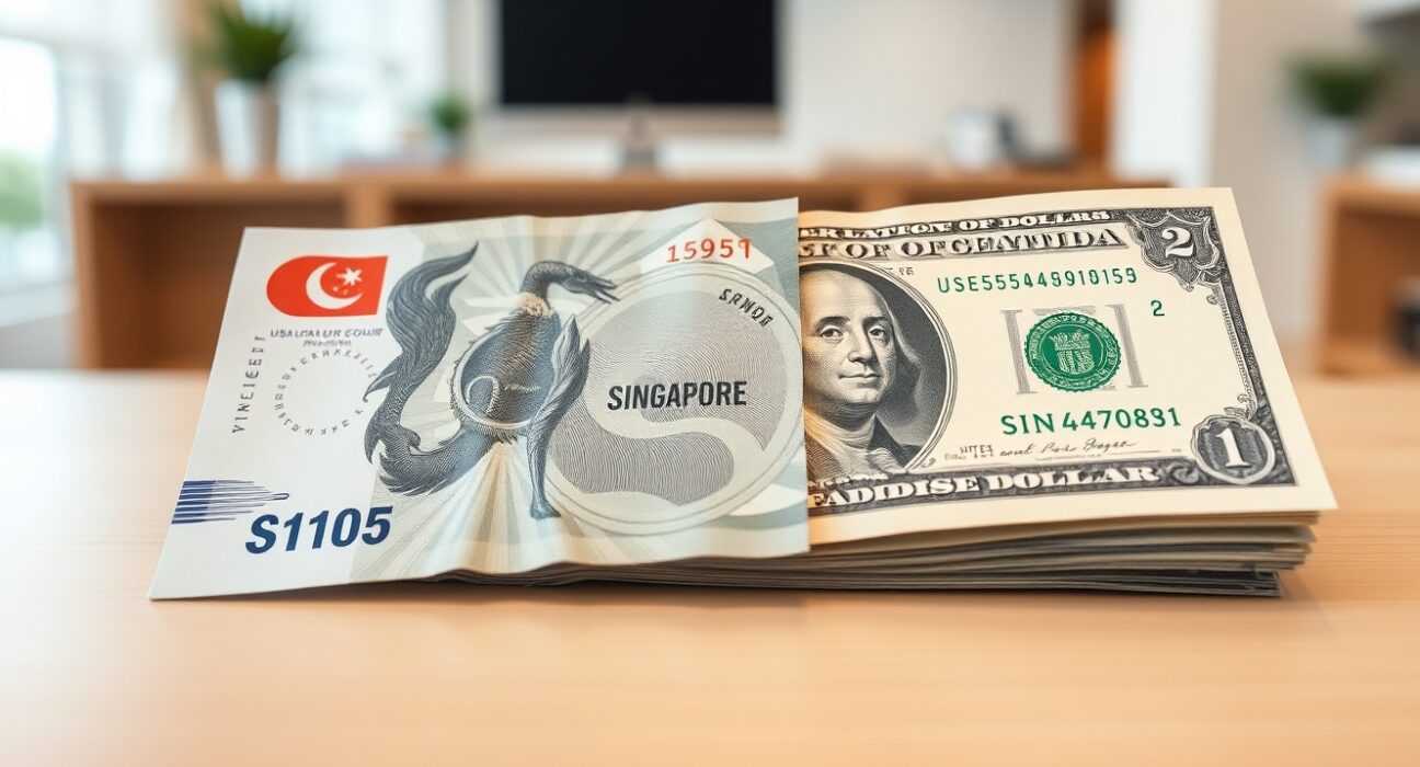 Singapore dollar and US dollar banknotes on a desk representing currency market analysis