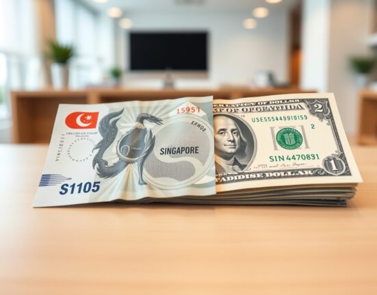 Singapore dollar and US dollar banknotes on a desk representing currency market analysis