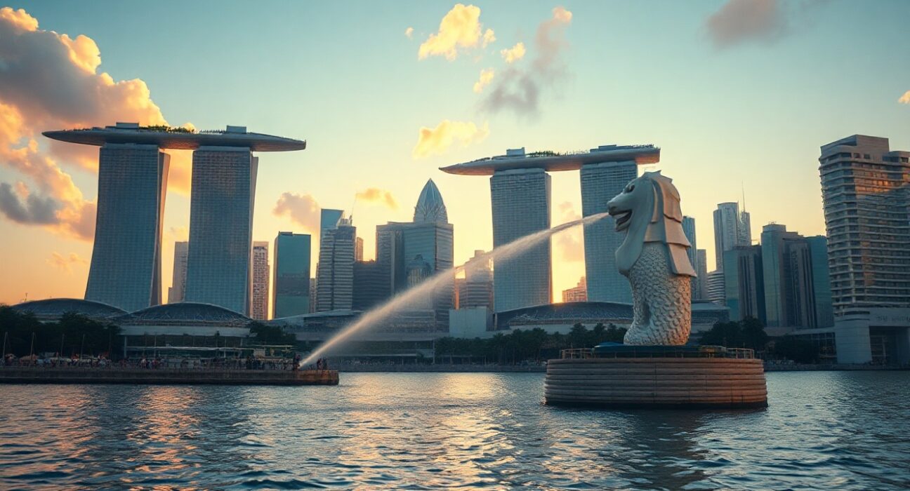 Singapore skyline at Marina Bay with Merlion statue, representing the Singapore dollar's stability in forex markets.