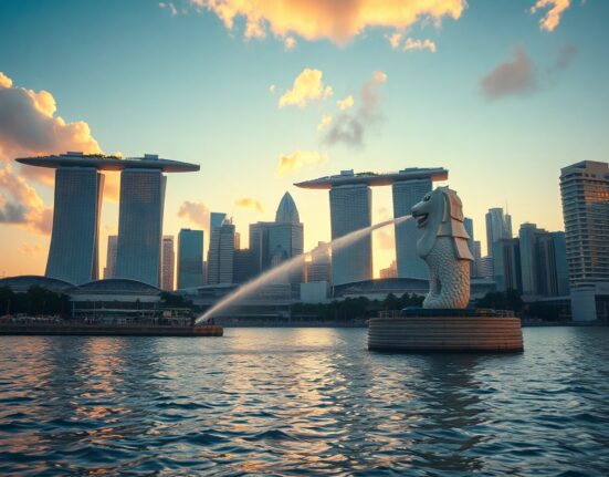 Singapore skyline at Marina Bay with Merlion statue, representing the Singapore dollar's stability in forex markets.