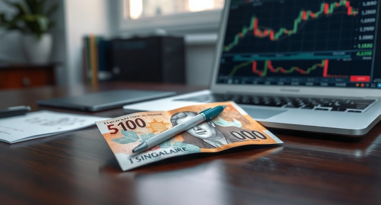 Singapore Dollar banknote on desk with trading chart in background