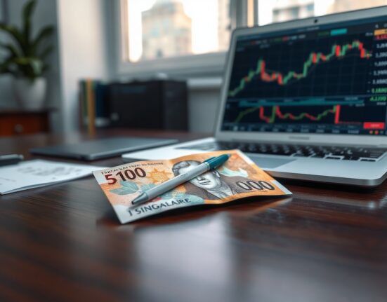 Singapore Dollar banknote on desk with trading chart in background