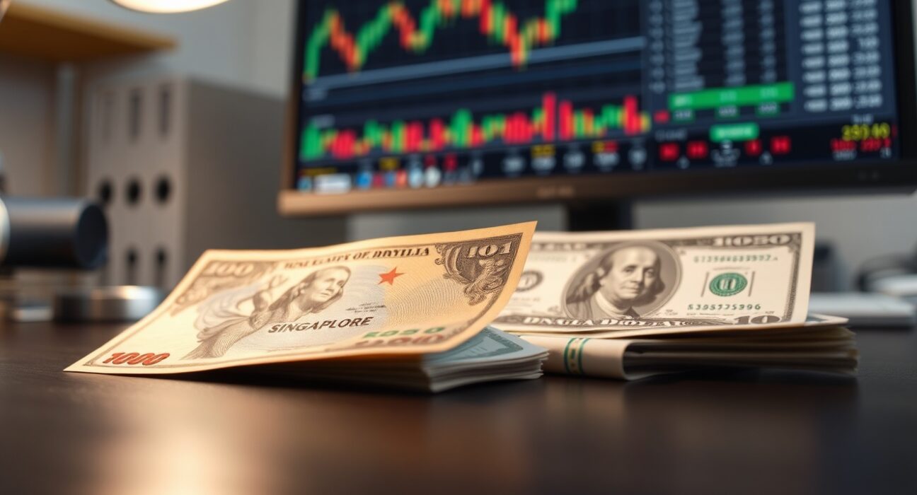 Singapore dollar and US dollar banknotes arranged on a desk, illustrating currency analysis.