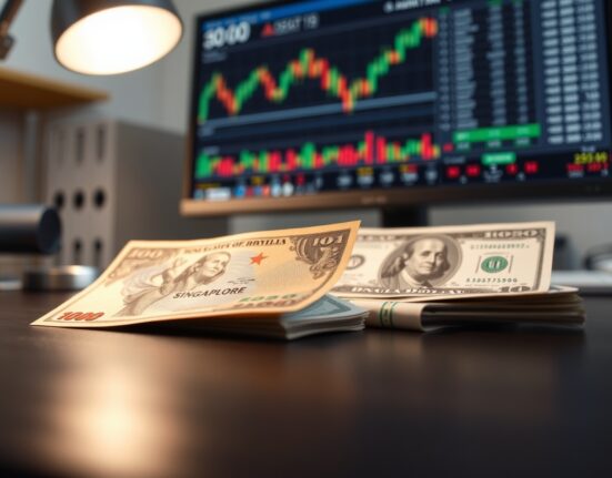 Singapore dollar and US dollar banknotes arranged on a desk, illustrating currency analysis.