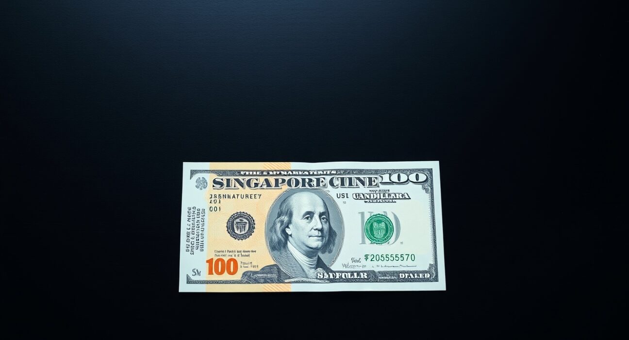 Singapore dollar and US dollar banknotes on a surface with chart overlay representing sideways trading range.
