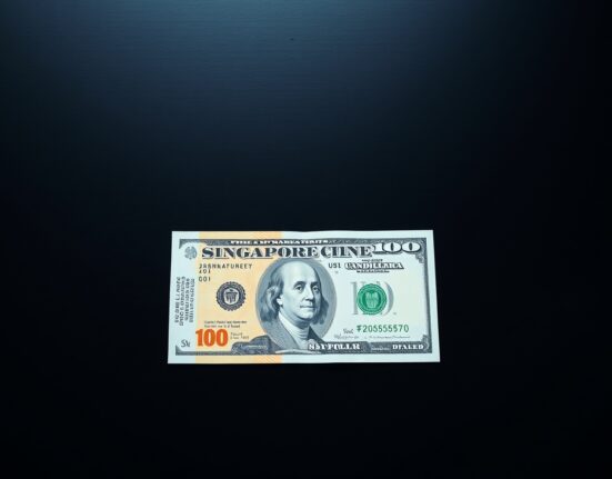 Singapore dollar and US dollar banknotes on a surface with chart overlay representing sideways trading range.