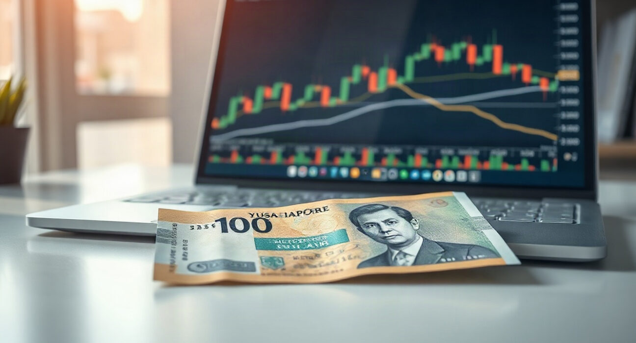 Singapore dollar banknote with forex chart in background