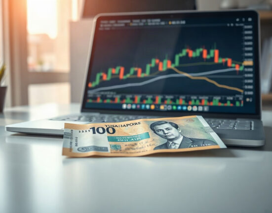 Singapore dollar banknote with forex chart in background