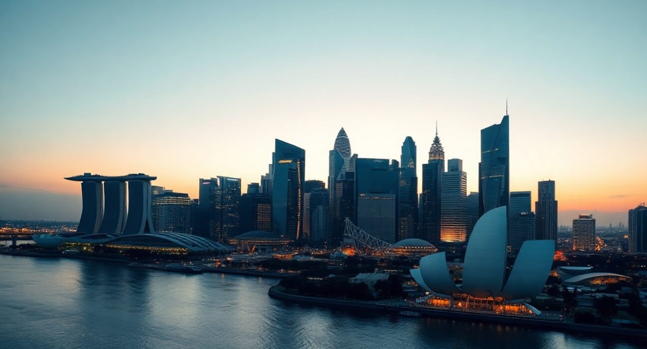Singapore skyline at dusk, representing the strong economic growth supporting the Singapore dollar.