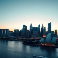 Singapore skyline at dusk, representing the strong economic growth supporting the Singapore dollar.