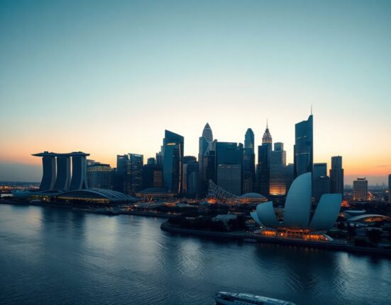 Singapore skyline at dusk, representing the strong economic growth supporting the Singapore dollar.