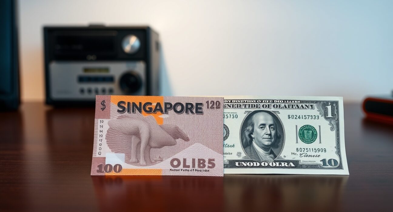 Singapore dollar and US dollar banknotes on a desk, representing forex trading analysis.
