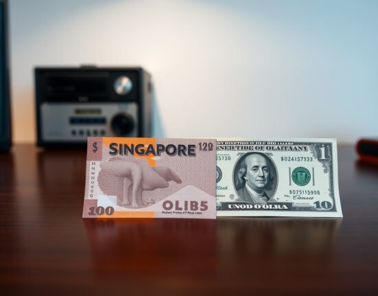 Singapore dollar and US dollar banknotes on a desk, representing forex trading analysis.