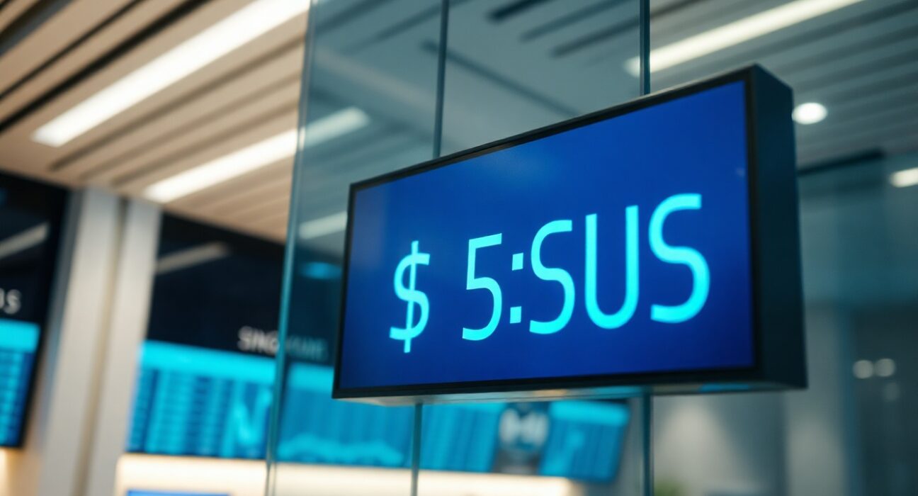 Digital currency exchange board showing Singapore dollar and US dollar rates on a trading floor