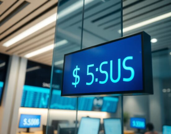 Digital currency exchange board showing Singapore dollar and US dollar rates on a trading floor