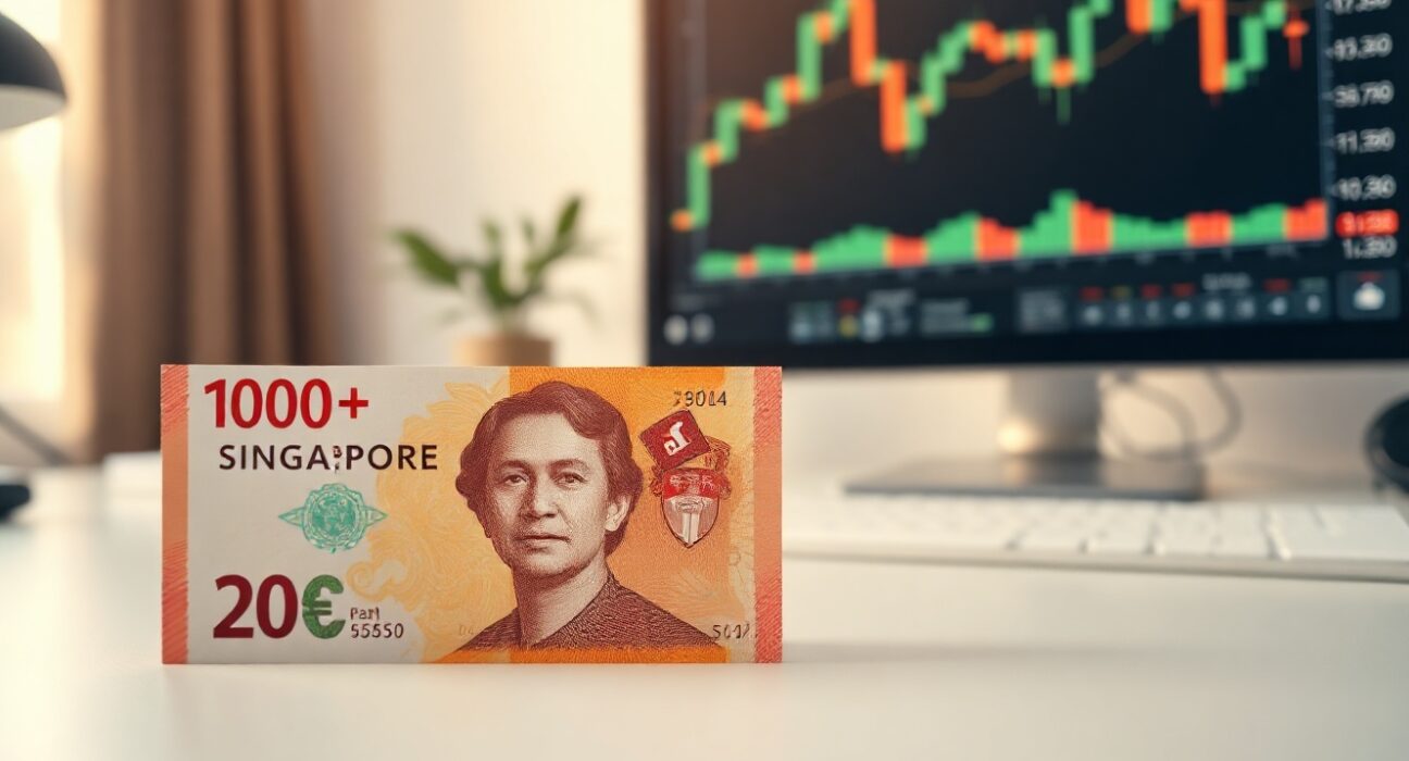 Singapore dollar and US dollar banknotes side by side on a desk, representing the USD/SGD currency pair.