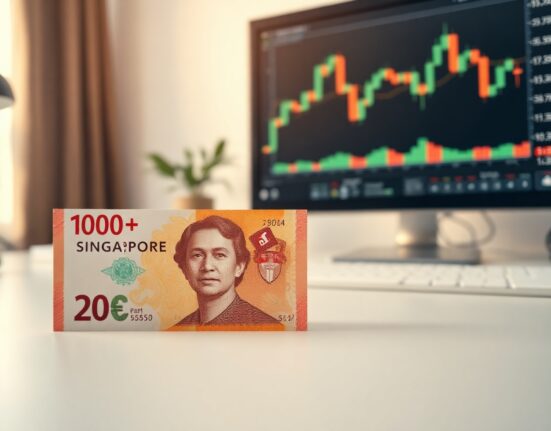 Singapore dollar and US dollar banknotes side by side on a desk, representing the USD/SGD currency pair.