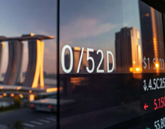 Singapore dollar exchange rate board with Marina Bay Sands in background