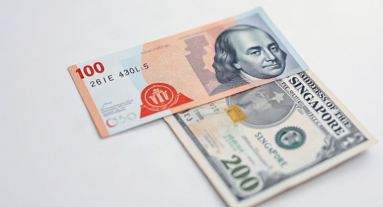 Singapore dollar and US dollar banknotes side by side, representing the USD/SGD currency pair.