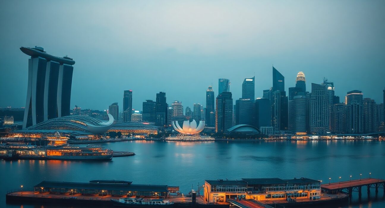 Singapore skyline at dusk with financial district and Marina Bay Sands, reflecting a calm market outlook.