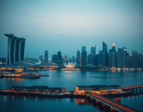 Singapore skyline at dusk with financial district and Marina Bay Sands, reflecting a calm market outlook.