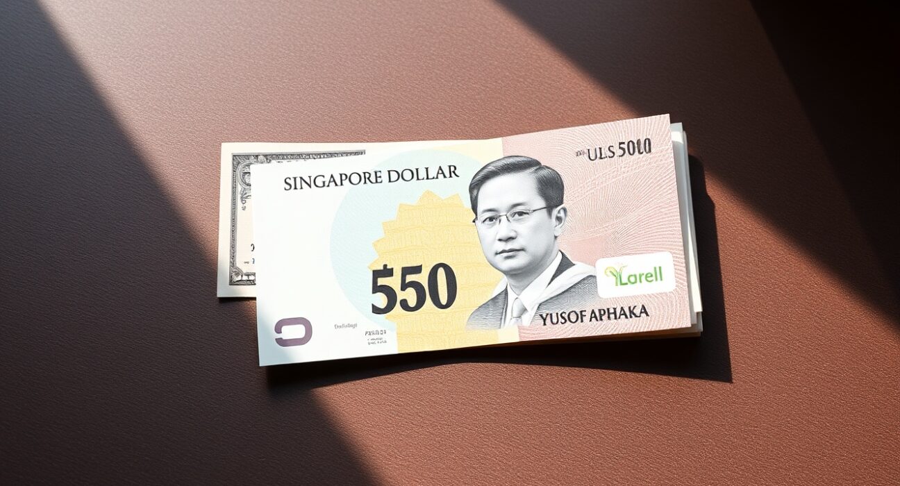 Singapore dollar banknote and US dollar bill on a desk, representing forex analysis.