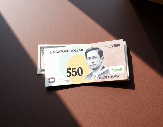Singapore dollar banknote and US dollar bill on a desk, representing forex analysis.