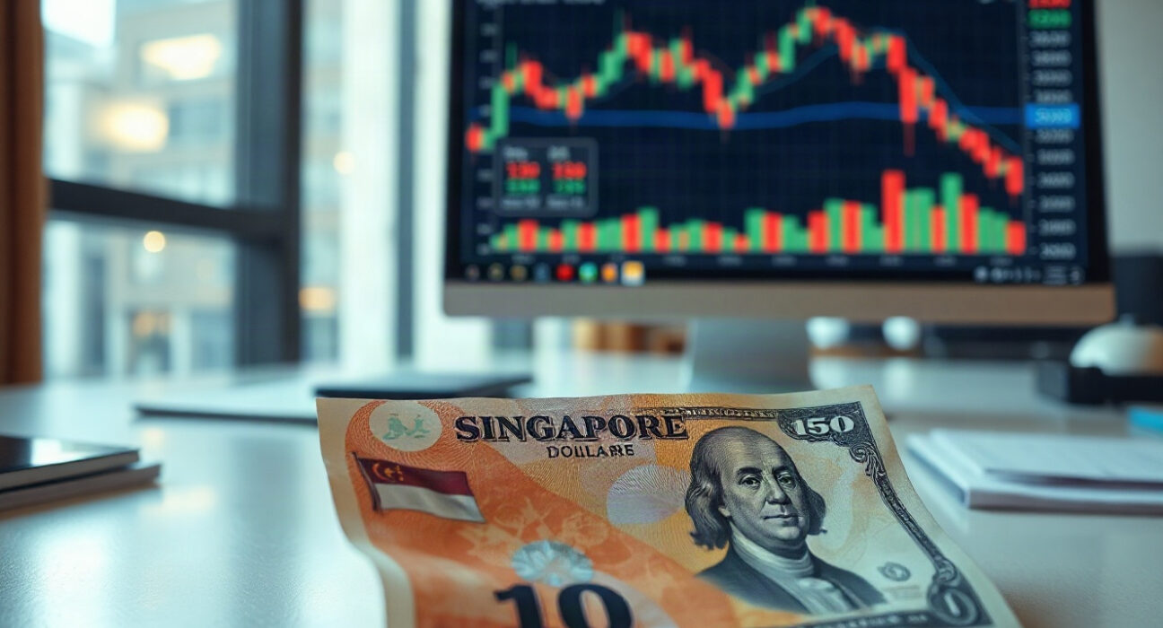 Singapore dollar and US dollar banknotes on a financial desk with a forex chart on a monitor