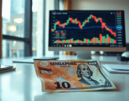 Singapore dollar and US dollar banknotes on a financial desk with a forex chart on a monitor