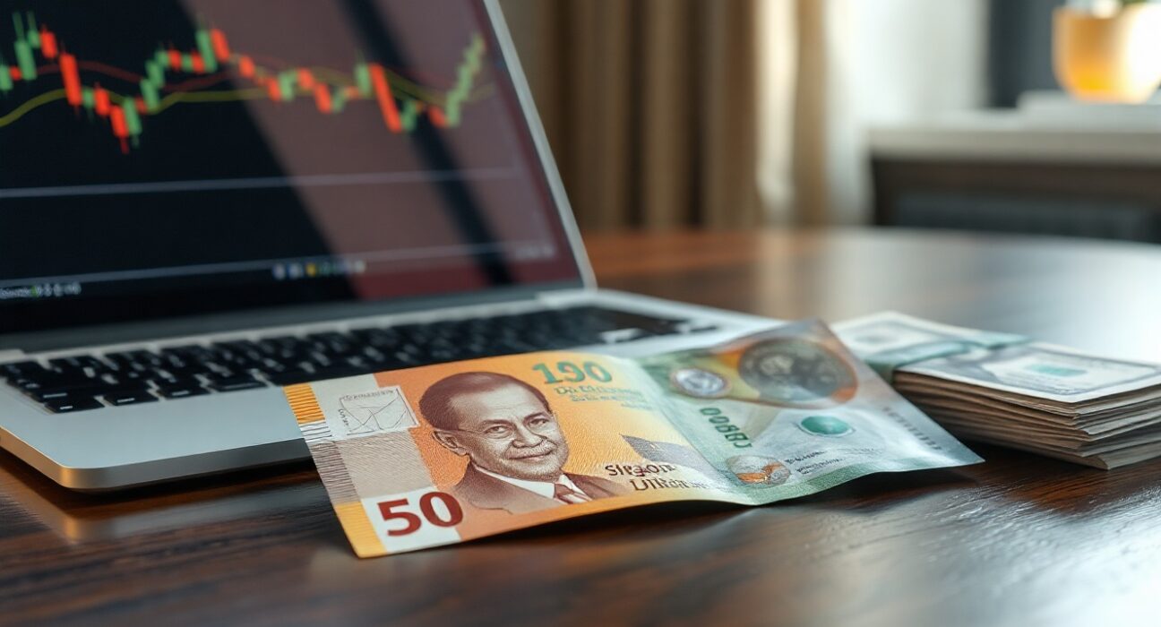 Singapore dollar banknotes and US dollars on a desk with a chart in the background