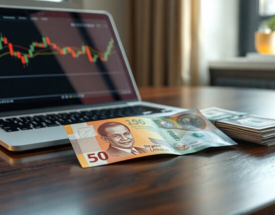Singapore dollar banknotes and US dollars on a desk with a chart in the background