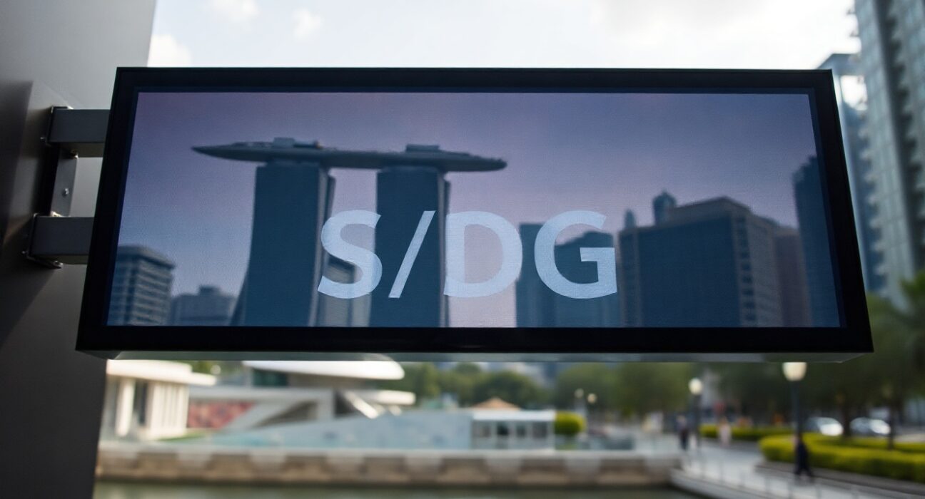 USD/SGD exchange rate display with Singapore financial district in background